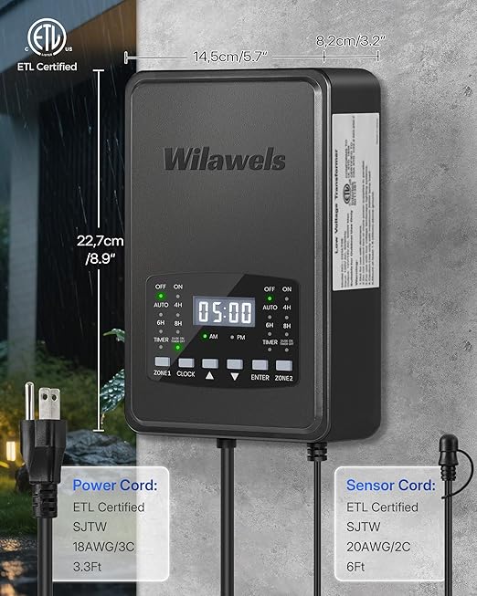 200W Low Voltage Landscape Transformer, 2 Zone Independent Control Landscape Lighting Transformer, 120VAC to 12/14V AC Low Voltage Transformer with Timer & Photocell Sensor ETL Listed D21LT06