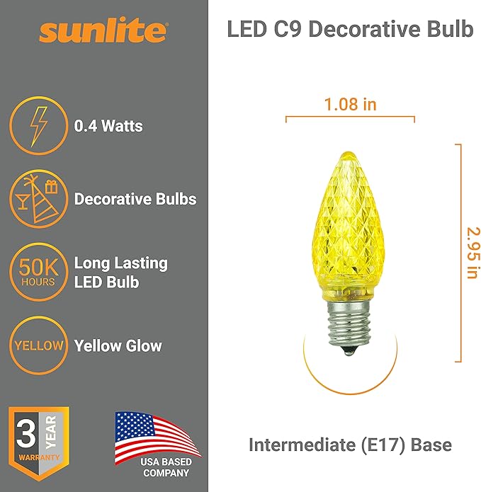 Sunlite 80709 LED C9, Holiday Decorative Light Bulb, 0.4 Watts, E17 Intermediate Base, Faceted Christmas-Lights; Nightlight, Yellow, 6 Count