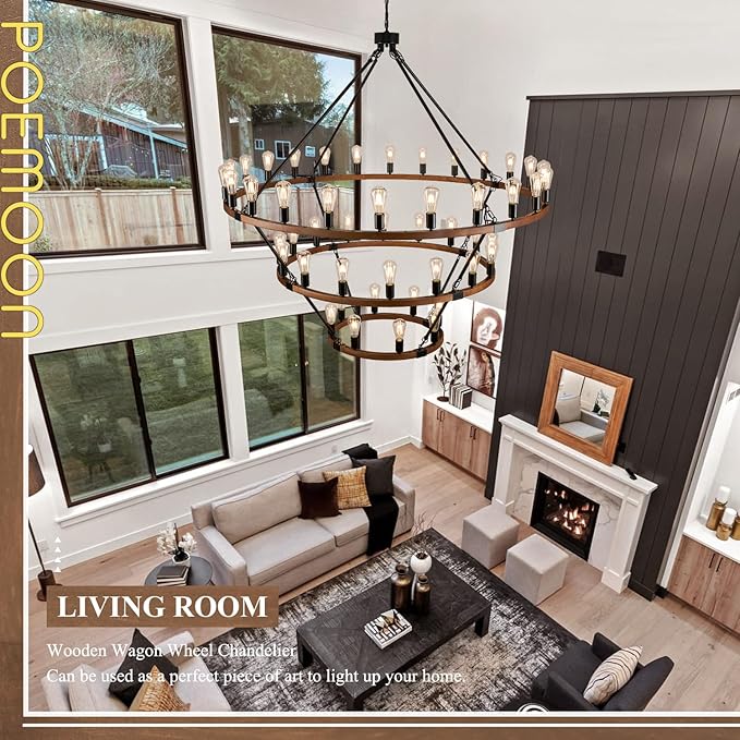 Extra Large 63'' Wooden Wagon Wheel Chandelier Farmhouse 3 Tier 48 Lights Black Rustic Round Wood Pendant Light Fixture for High Ceiling Living Dining Room Foyer Villa Staircases