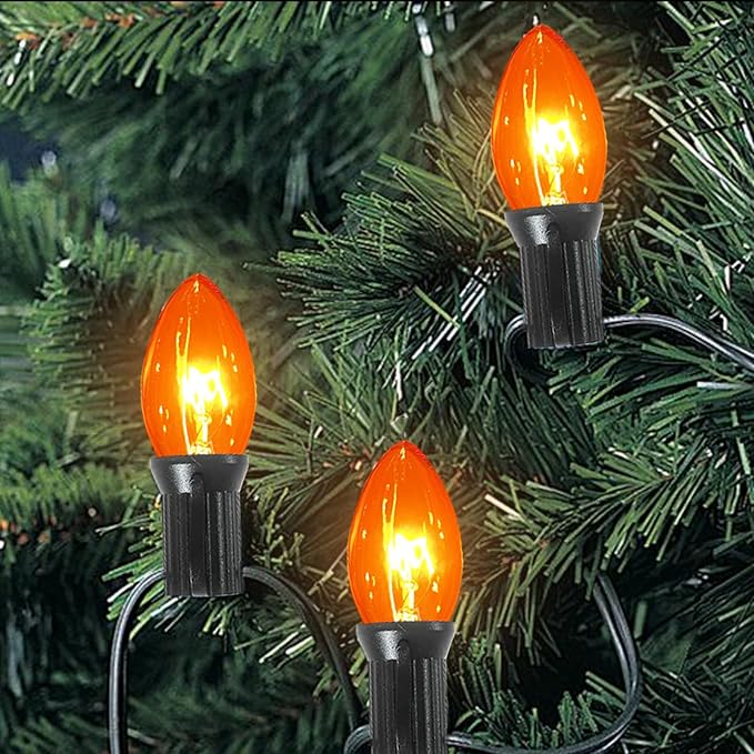 C9 Orange Halloween Light Bulbs, 25-Pack E17 Base, Waterproof Outdoor Bulbs for Halloween Decorations, Patio & Yard Lighting, Spooky Glow for Parties, Pathway & Events