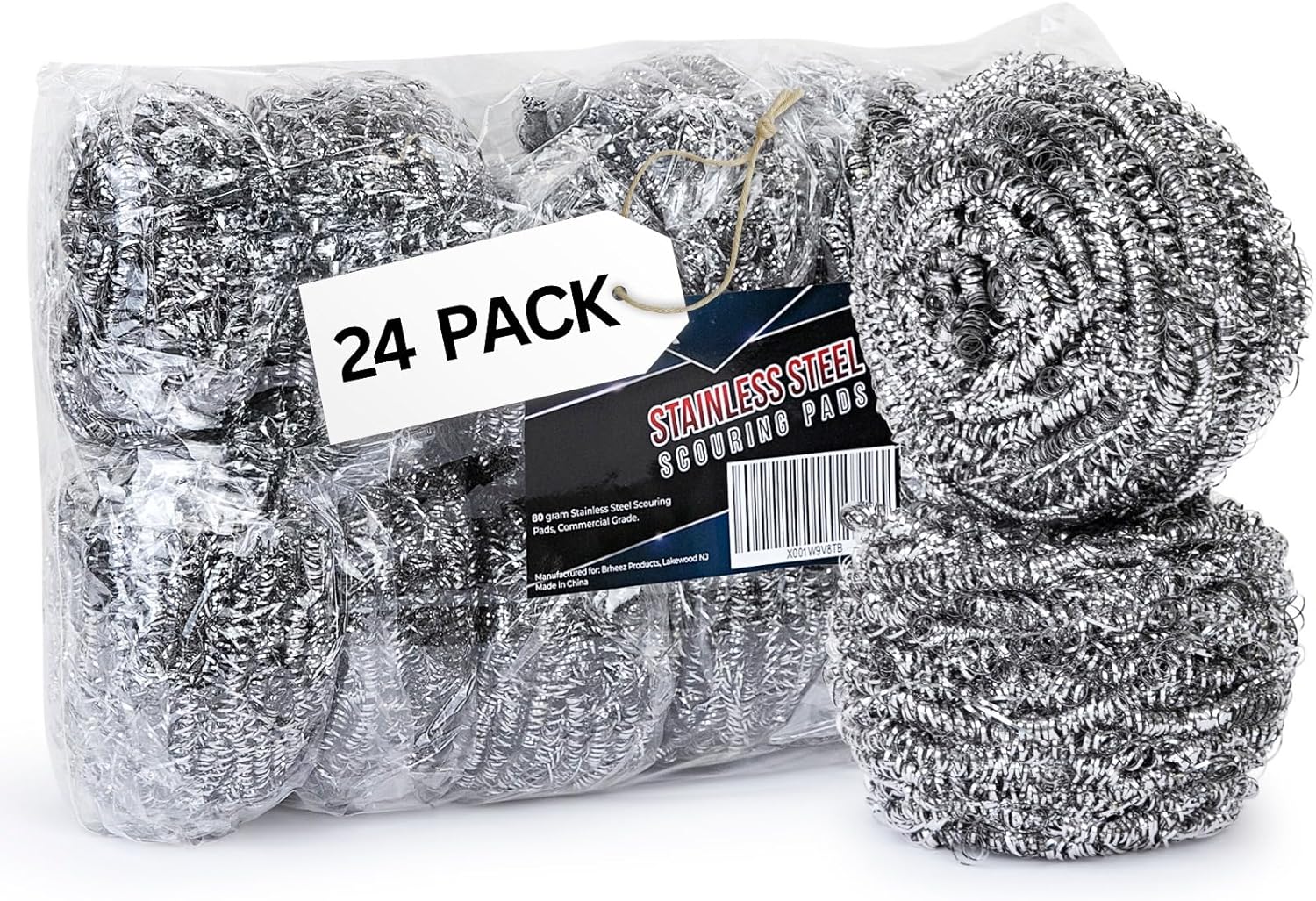 Brheez Stainless Steel Cleaner Scouring Pads [24 Pack] - Industrial & Commercial Strength Large Cleaning Supplies Dish Sponge - Individually Wrapped 80 Gram