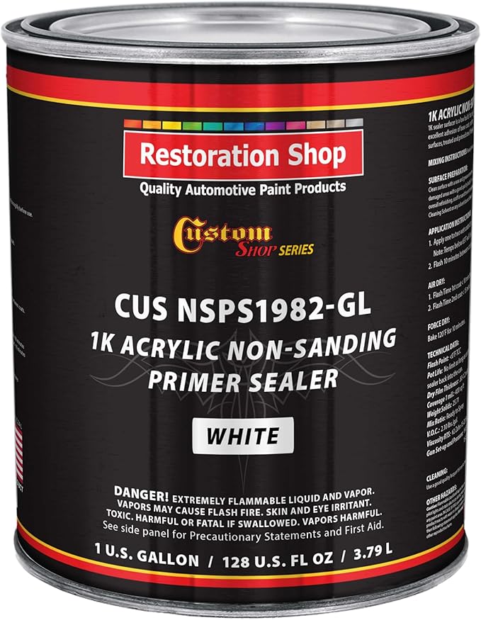 Custom Shop Premium 1K Acrylic Non-Sanding Primer Sealer Paint, Color White, 1 Gallon - Fast Drying, Ready-To-Spray, Apply Over Automotive Primer Surfacers, Sanded Finishes - Topcoat Urethane, Enamel