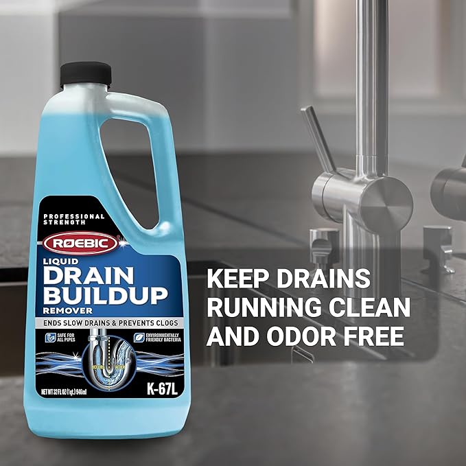 Roebic K-67 Liquid Drain Cleaner, Pipe Buildup Remover with Bacteria Enzymes for Household Drains and Sink Traps, Safe for Kitchen and Bathroom Sink, 32 fl oz