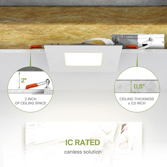 ASD 6 Pack LED Recessed Square Ceiling Light 6 Inch with Round Back, 5 CCT 2700K-5000K, Ultra-Thin Dimmable Wafer Lights with Junction Box, 15W 1266LM Canless Recessed Lighting, Slim LED Downlight, UL
