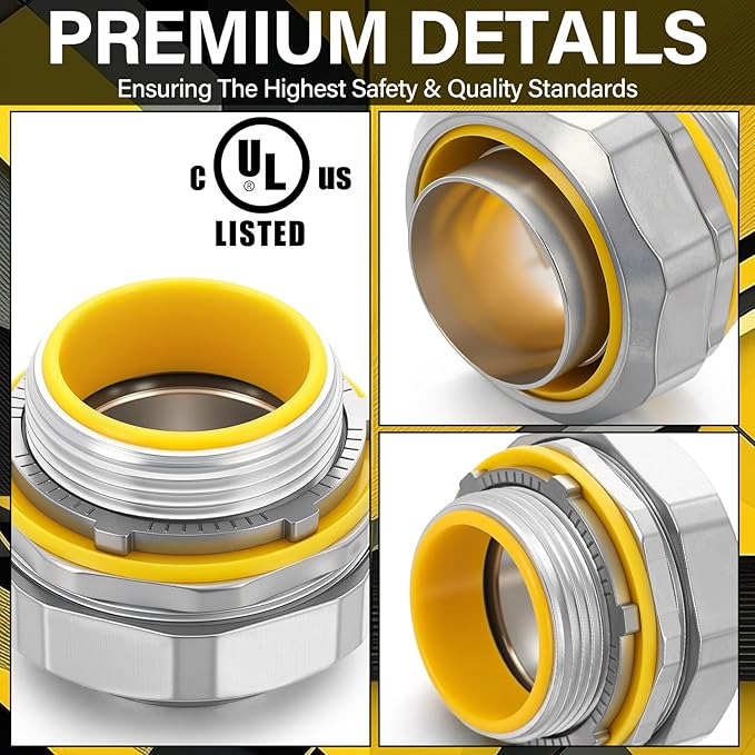 Gisafai 5 Pcs Liquid Tight Connector Straight Insulated Zinc Die Cast Metal Tight Electrical Conduit Fittings for 1-1/2 Inch Flexible and Type B Flexible