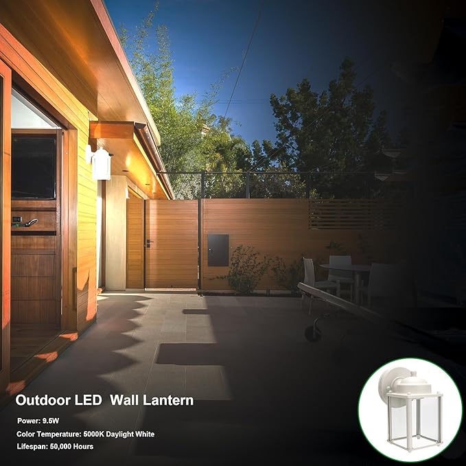 LIT-PaTH Outdoor LED Wall Lantern, Wall Sconce as Porch Lighting Fixture, 5000K Daylight White, 9.5W 800 Lumen, Aluminum Housing Plus Glass, White Finish-2Pack
