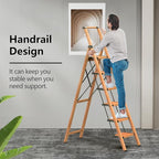 GameGem 6 Step Ladder for 12ft High Ceiling, Lightweight Aluminum Folding Step Stool with Convenient Handgrip, Stepladders with Anti-Slip and Wide Pedal for Home and Kitchen Use - Woodgrain (300 lbs)