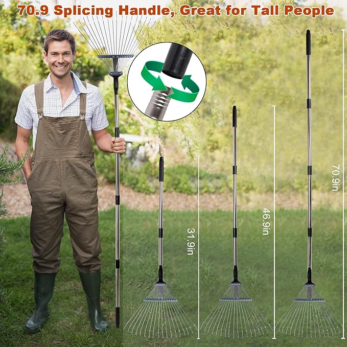 Leaf Collector Garden Rake Set - Adjustable 18 Tines Leaf Rakes & Leaf Picker Upper & 72 Gallon Lawn Waste Bag, Heavy Duty Collect Rake, Hand Leaf Scoop, Brown Paper Dumpster, Yard Gardening Tool