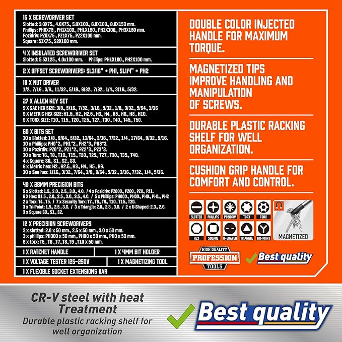 Amartisan 175-piece Magnetic Screwdrivers Set Plastic Racking, DIY Tools Set Tools for Men Tools Gift, Includs Precision screwdriver, Magnetizer, Key Set, Nut Driver and Bit Set