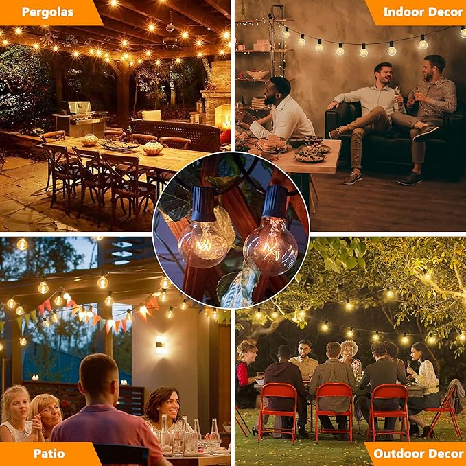 50 Pack G40 Light Bulbs Replacement, 120V 5W Clear Globe G40 Outdoor String Lights Bulbs Replacement, C7 or E12 Candelabra Base Wax Warmer Light Bulbs, 2200K Warm White Vintage Incandescent Bulbs