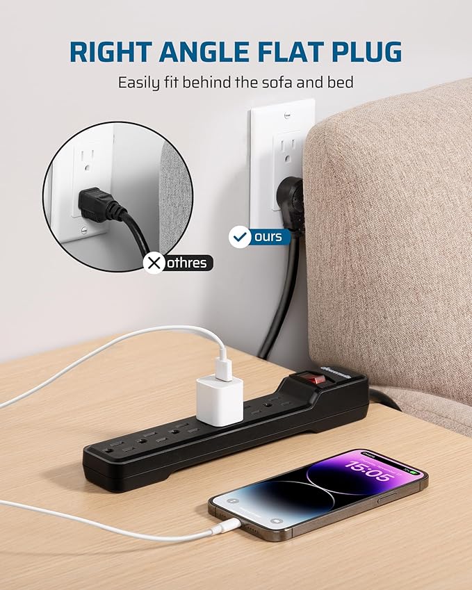 DEWENWILS 6-Outlet Power Strip Surge Protector, 15FT Long Extension Cord, Low Profile Flat Plug, 15 Amp Circuit Breaker, 500 Joules, Wall Mount, Black, UL Listed