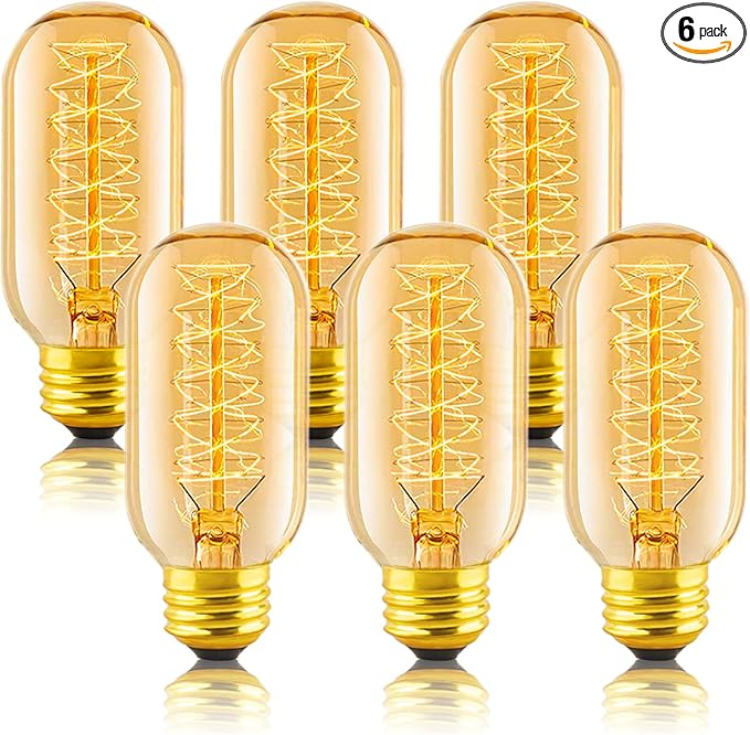 Edison Light Bulb 60w, 6 Pack Dimmable T45 Retro Bulb, 110v-130v, E26 Base Decorated Antique Filament Bulb, Amber Glass, 2200k Warm Yellow Incandescent Bulb, Used for Home Lighting