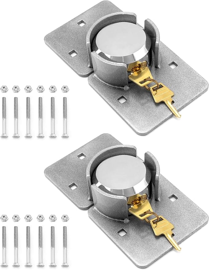 QWORK Heavy Duty Puck Lock and Hasp, 2 Pack High Security Steel Hidden Shackle Keyed Different Padlocks with Keys for Trucks, Gates, Vans and Vending Machines