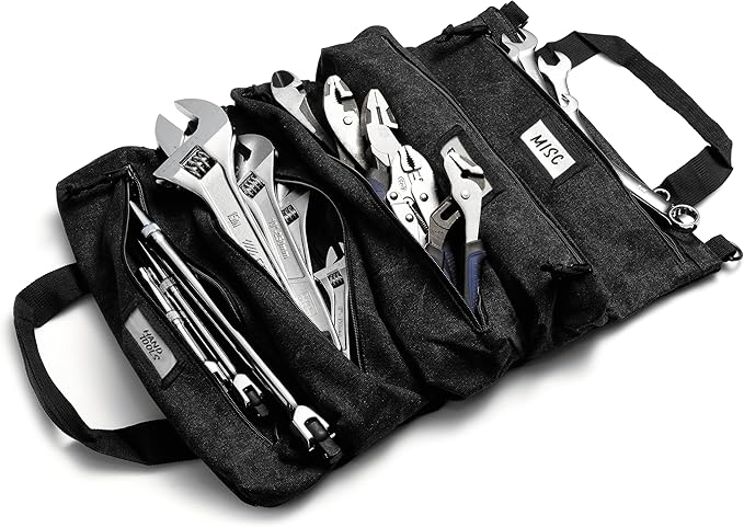 Official Voyager Tool Roll Bag - Easy to Carry 5-Pocket Roll Up Tool Bag - Durable 20oz Canvas, Rust-Proof YKK Zippers & Secure Buckle - A Gift for Dads, Mechanics, Electricians & Hobbyists | Black