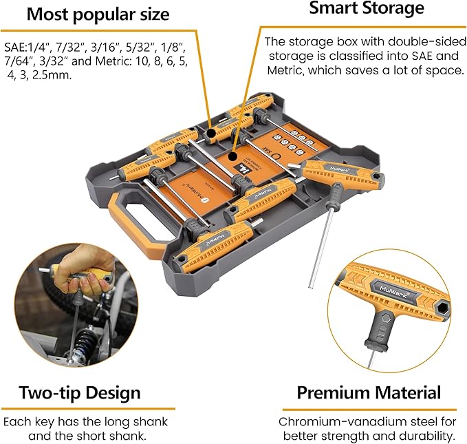 MULWARK 14 PC T-handle Allen Wrench Set Metric and Standard with T Handle Hex Key and Long Hex Driver Set |Christmas Gift|Wall-Mounted Storage Box, Clear Marking, Two-Tip Design, and Chamfered Tips
