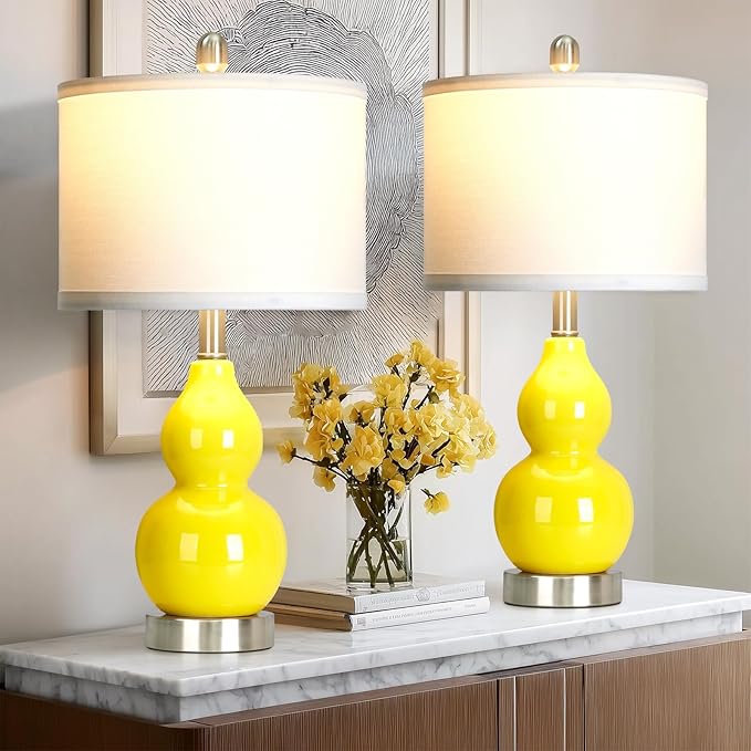 Double Gourd Ceramic Table Lamps Set of 2, Yellow Modern Bedside Lamps for Living Room, Contemporary Nightstand Desk Lamps for Bedroom End Table Home Office Decor(2 LED Bulbs Included)