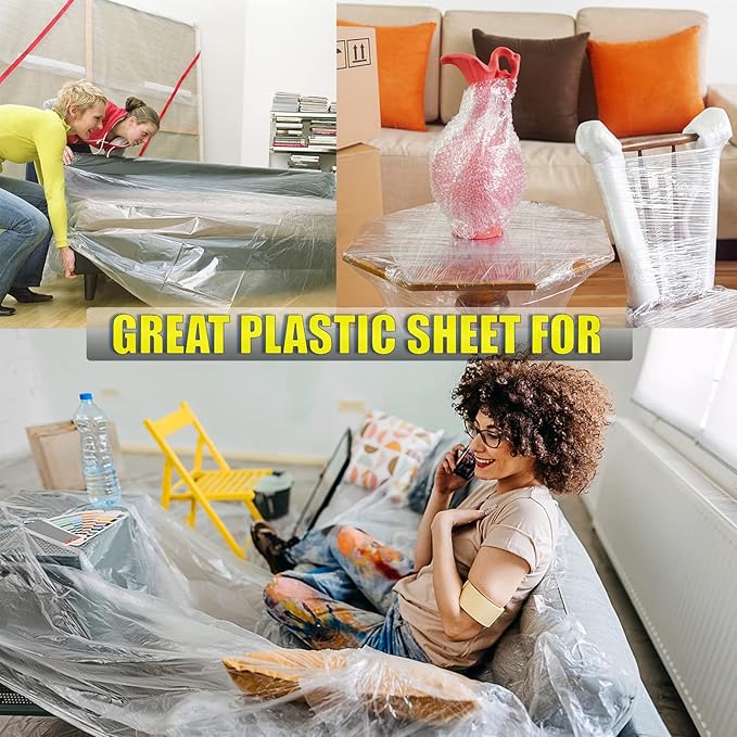 20 Pieces Plastic Drop Cloth, Multiple Waterproof Cloth Sheets for Painting, Dust-Proof and Rustproof, 9x12 Feet Tarp, Furniture Cover