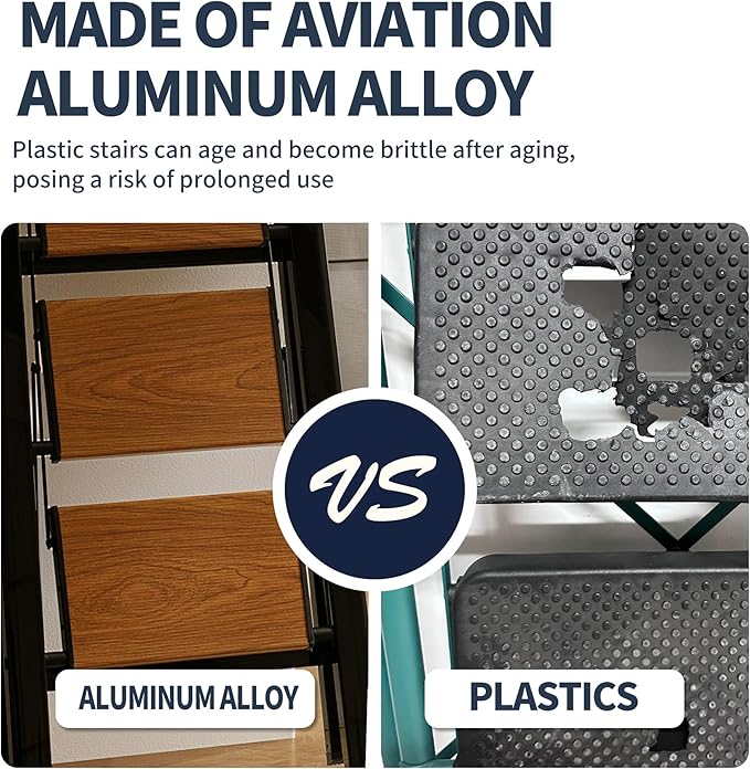 3 Step Ladder,Folding Step Stool with Aluminum Wide Pedal& Convenient Handgrip,330lbs Capacity Steel Ladder for Household and Office(Black &Woodgrain)