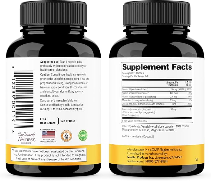 Sandhu's Vitamin D3 K2 Magnesium 5000 IU, 120mcg K2 Capsules 60 Count (Pack of 1) | with VIT B6, Zinc & Quercetin | D3K2 Supports Superior Absorption, Energy, Immune, Muscle Health for Men & Women