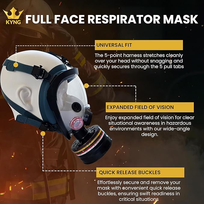 KYNG GAS Mask - 40 mm NBC Filter - Full Face Respirator Mask CBRN Survival & Tactical Gas Mask for Chemical Fumes, Particulates, and Smoke Protection, Military Grade Construction