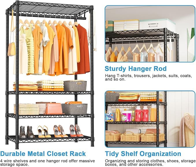 Ulif H4 Portable Closets, 4-Tier Metal Clothes Garment Rack for Bedroom and Cloakroom, Clothing Closet Storage and Organizer Wardrobe, 35.4" W x 14" D x 76.4" H, Black