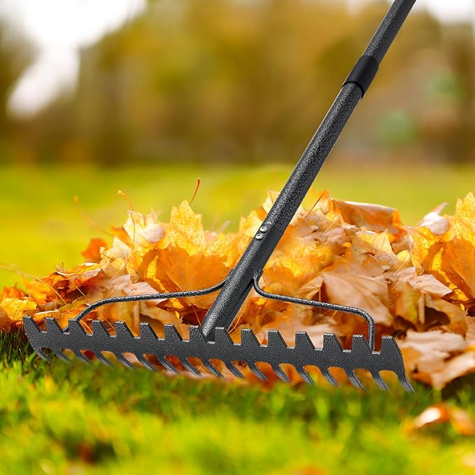 49“-77” Adjustable Rake, 17" Extra Wide Double-Sided Lightweight Head Garden Rake | Lightweight & Unbreakable | Level Soil, Remove Leaves, Spread Mulch Fast, Leaf Cleanup, Landscaping, Yard Cleanup