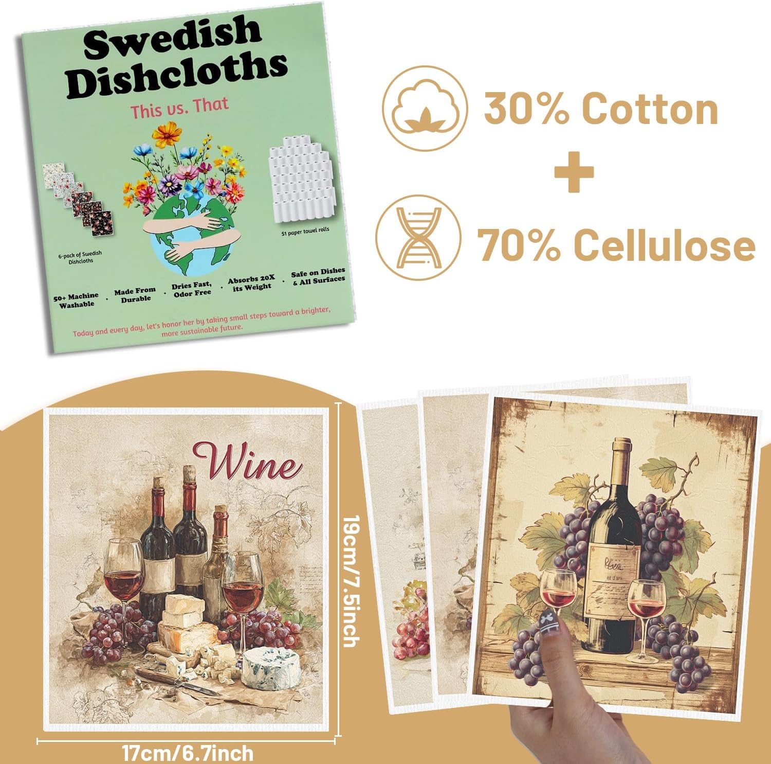 Swedish Dishcloths for Kitchen, 6PCS Wine Swedish Dish Cloths Gift Set, Vintage Reusable Washable Absorbent Dish Towel for Home Cleaning(7.8 X 7 Inches)