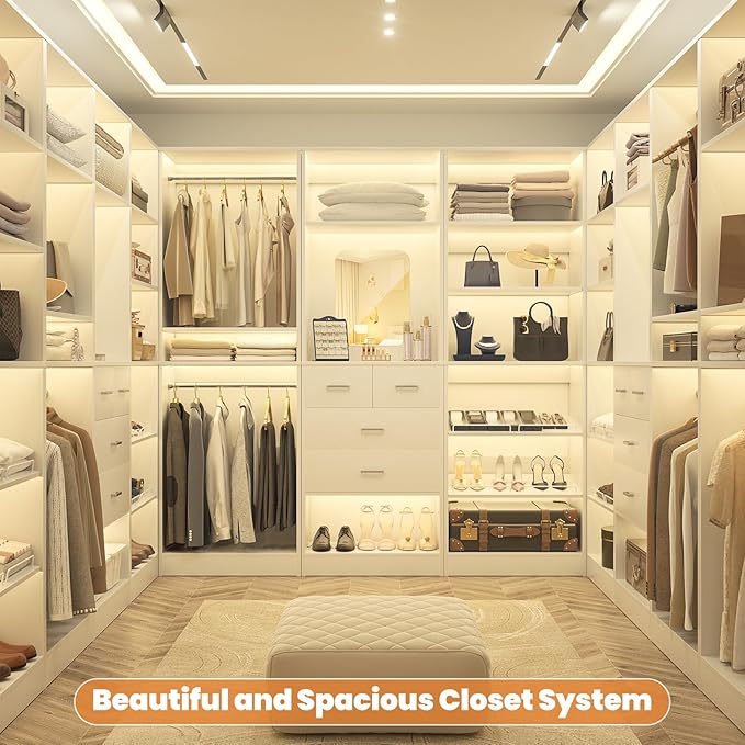 Unikito 75” Closet System with Drawers, 6.2FT Wood Closet Organizer with Hanging Rods and Mirror, Reversible Large Walk in Closets Wardrobe Garment Rack with Shoe Shelves, Max Load 2000 LBS, White