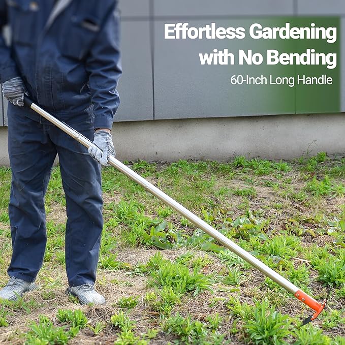 2-in-1 Garden Hoe and Weed Puller Rake, 60 Inch Adjustable Long Handle Weeding Tool Heavy Duty Spring Steel Head with Sand Grain Coating, Weed Remover for Garden, Yard, Lawn, Driveway