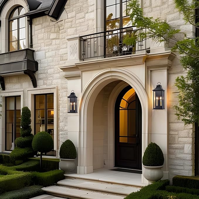 21In Large Dusk to Dawn Outdoor Wall Lights Fixture, 2-Light Black Gold Exterior Lighting Fixtures, Weather Resistant Patio Wall Light Fixture for Porch, Garage, Entrance, Backyard E12 Base