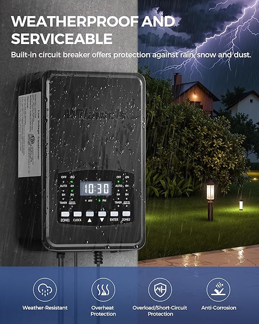 200W Low Voltage Landscape Transformer, 2 Zone Independent Control Landscape Lighting Transformer, 120VAC to 12/14V AC Low Voltage Transformer with Timer & Photocell Sensor ETL Listed D21LT06