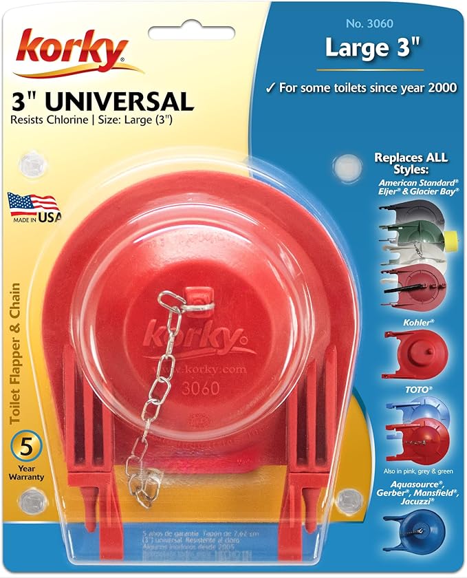 Korky 3060BP Universal Toilet Flapper Replaces Most Large 3-Inch Flappers - Long Lasting Rubber - Easy to Install - Made in USA, Red