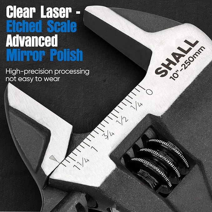 SHALL 3-Piece Adjustable Wrench Set, 10/8/6 Inch Cr-V Steel Wrench with Cushion Grip, Wide Jaw Black Oxide Wrench with Laser-etched SAE Scales for Home, Garage, Workshop and DIY, Dark Blue