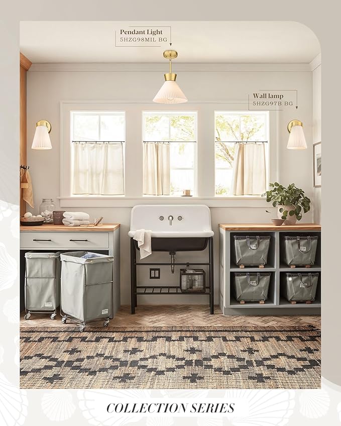 Gold Wall Sconces Set of Two, HWH Modern Bathroom Vanity Sconce Wall Lighting Indoor Wall Lamp with Frosted White Striped Glass, 5HZG97B-2PK BG