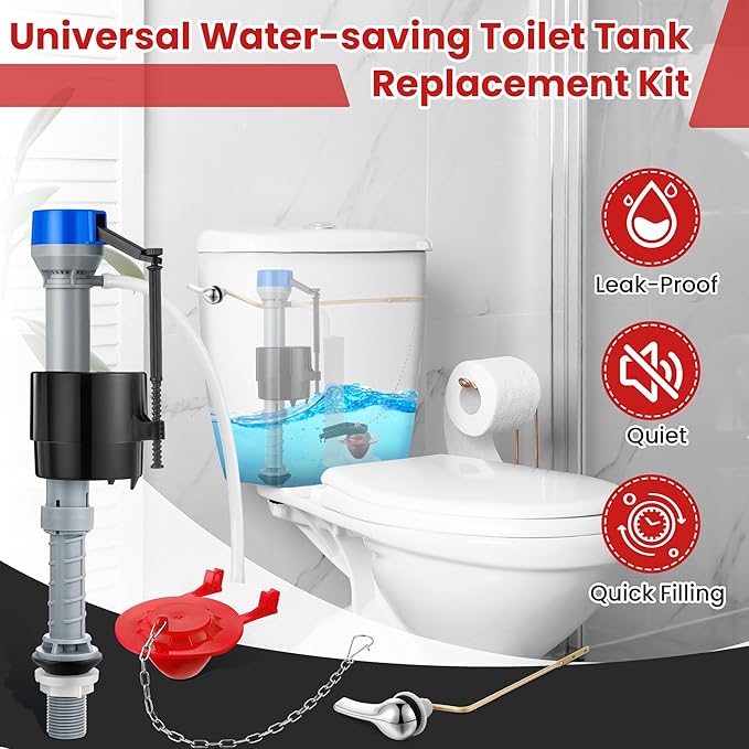 Saillong Universal Toilet Flusher Replacement Kit, Fill Valve, 2-Inch Flapper, Side Mount Handle Lever, Water-Saving, Adjustable Toilet Repair Kit Inside Tank, Easy to Install(1 Set,Blue Grey, Red)
