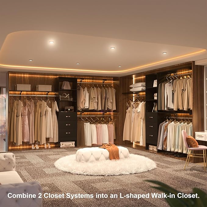 Armocity 120 Inches Closet System, 10FT Walk In Closet Organizer with 3 Shelving Towers, Heavy Duty Clothes Rack with 3 Drawers, Built-In Garment Rack, 120" L x 16" W x 75" H, Max Load 1300 LBS, Black