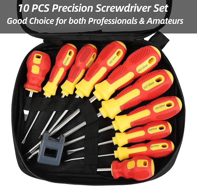 Magnetic Screwdriver Sets 10 PCS,Craftsman Screwdriver Set with Bag,Flat Head Phillips Screwdriver, Non-Slip Cushion Grip for Repair Home Improvement,Red & Yellow