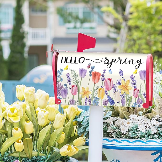 Hello Spring Mailbox Covers Tulip Lavender Butterfly Spring Decorative Mailbox Covers Magnetic Standard Size 25.5x21 In Rustic Waterproof Mailbox Wraps Post Letter Box Covers Garden Yard Outdoor Decor