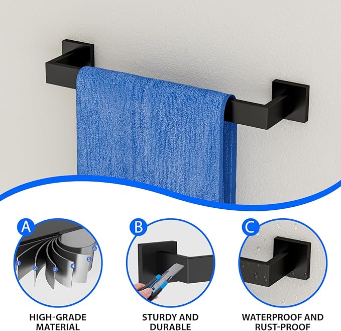 Matte Black 5-Pieces Bathroom Hardware Set, SUS304 Rustproof Steel 16" Rectangle Bathroom Towel Racks Accessories Set, Luxury Hotel Grade Organization Hardware Kit