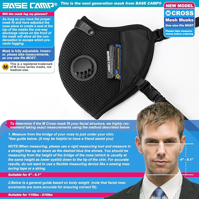 BASE CAMP M Cross Dust Mask, Reusable Breathable Comfortable Safety Face Mask for Work with Extra 6 Activated Carbon Filters