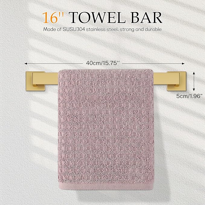 Brushed Gold Bathroom Hardware Set,5-Piece Gold Towel Bar Set Stainless Steel Towel Holder Set 16 Inch Towel Bar Towel Rack Set for Bathroom,Wall Mounted