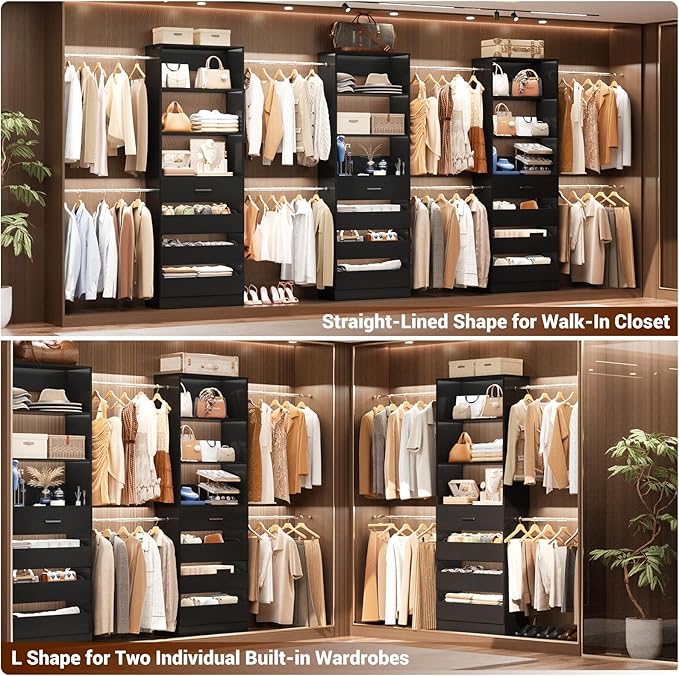 Aheaplus Closet System Set of 2, 4-9Ft Wood Closet Organizer with Drawers & Shelves, Closet Organizer System with 8 Hanging Rods, Walk-in Closets Organizer Wardrobe Closet Rack, Black