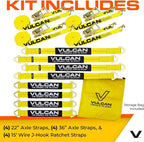 VULCAN Complete Axle Strap Tie Down Kit with Wire Hook Ratchet Straps - Classic Yellow - Includes (4) 22 Inch and (4) 36 Inch Axle Straps, and (4) 15' Wire J Hook Ratchet Straps