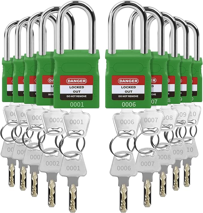 Lockout Tagout Locks - 10 Pack Green Loto Locks, Keyed Differ Padlock OSHA Compliant Lock Out Tag Out Lock, Safety Padlocks for Electrical Lockout Tag Out Kits