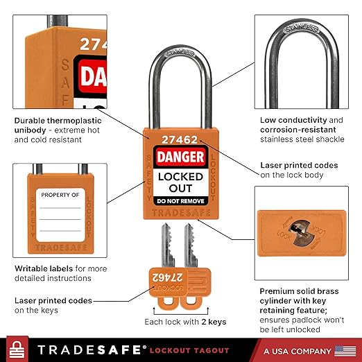 TRADESAFE Lockout Tagout Locks Set - 7 Orange Loto Locks, Lockout Locks Keyed Different, 2 Keys Per Lock, OSHA Compliant Lock Out Tag Out Padlocks, Safety Padlocks for Electrical Lockout Tag Out Kits