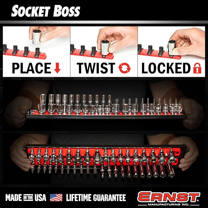 Ernst Manufacturing Socket Organizer Rails - Socket Boss 2-Rail 1/2-Inch-Drive Twist-Lock Socket Holder, 13-Inch, Red (8494) - Made in the USA