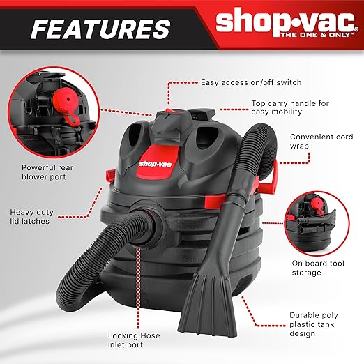 Shop-Vac 5 Gallon 6.0 Peak HP Portable Wet/Dry Vacuum, 1-1/2 Inch Diameter x 8 Foot Hose, 20 Foot Cord, Ideal for Jobsite, Garage, Workshop & Home