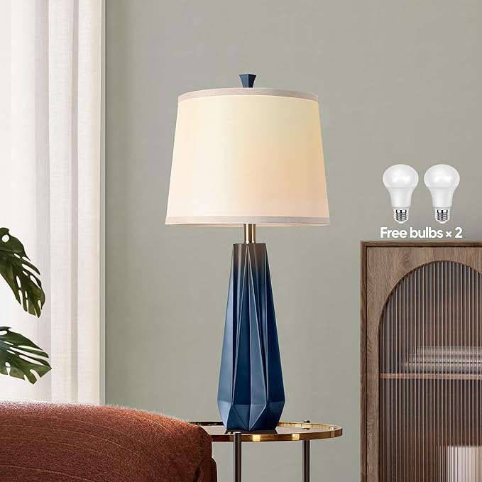 WIHTU 3 Color Temperature Table Lamps Set of 2, 27'' Navy Blue Modern Table Lamp for Living Room, Beside Lamp with Linen Shade, Resin Desk Lamp for Nightstands Bedroom Office Decor (2 Bulbs Included)