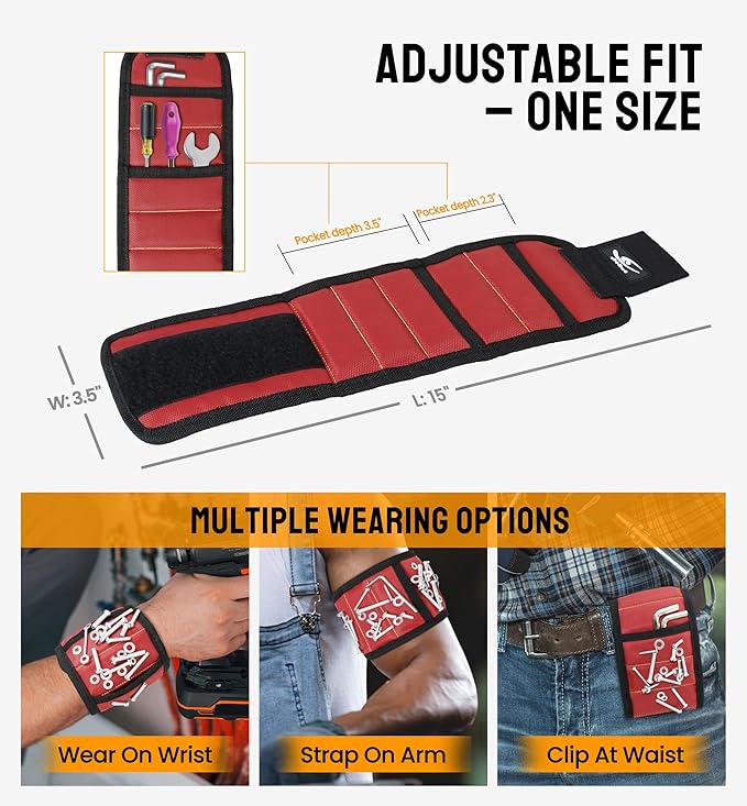 HiRui Magnetic Wristband for Tools – Ultra-Strong 15 Neodymium Magnets Hold Screws, Nails & Bits, Dual Pockets – Hands‑Free for DIY, Home Repairs, Auto – Gift‑Ready for Dad, Husband, Grandpa (Red)