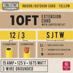 10 Ft Outdoor Extension Cord - 12/3 SJTW Heavy Duty Yellow 12 Gauge Lighted Electrical Cable with 3 Prong Grounded Plug